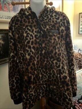 Victoria's Secret PINK Leopard Fuzzy Hoodie in Brown Black Cream
